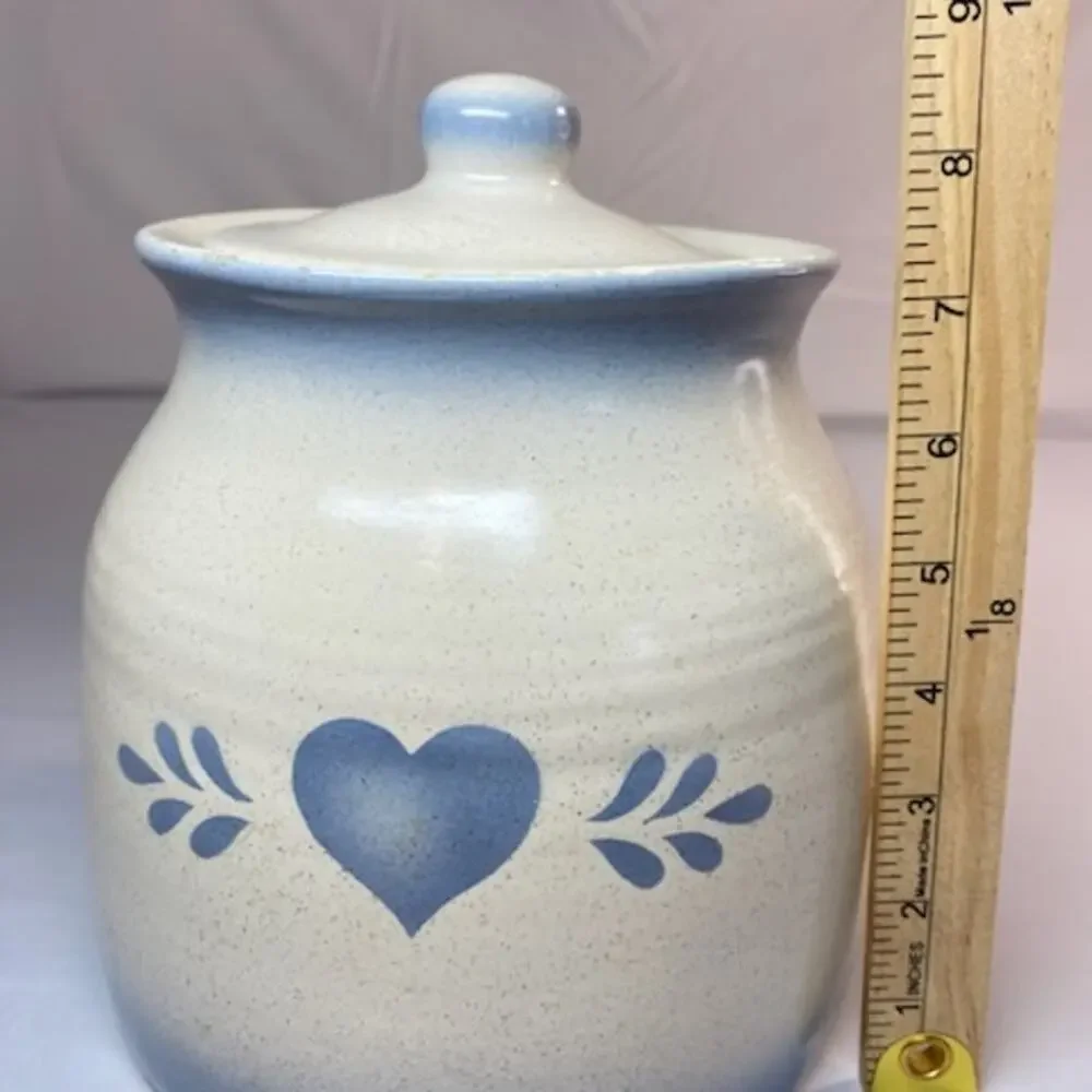 Vintage Blue Heart Stoneware Canister • 8.5” Tall • Folk Art Kitchen Jar